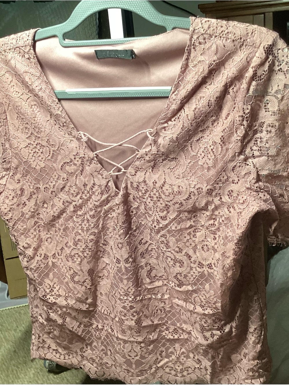 BKE Pink Lace Bodysuit with V-Neck and Lace-Up Detail